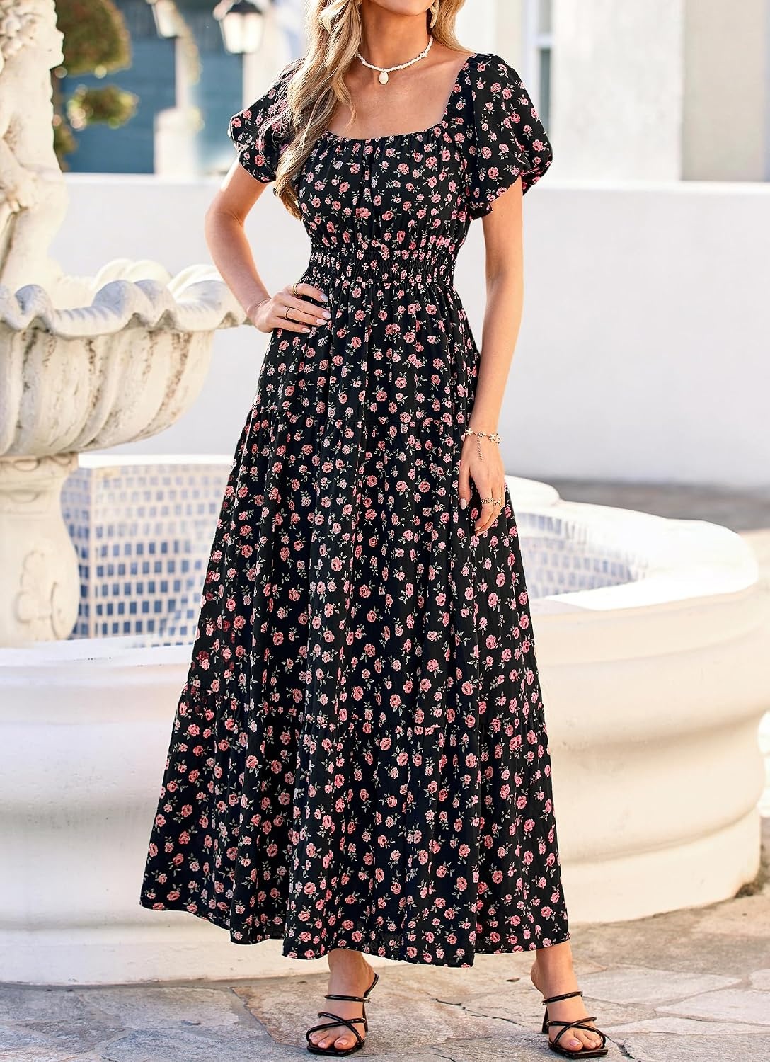 image:imageBTFBM Summer Dress for Women 2026 Spring Floral Short Sleeve Casual Flowy ALine Smocked Tiered Maxi Dresses PocketsFloral Black Pink