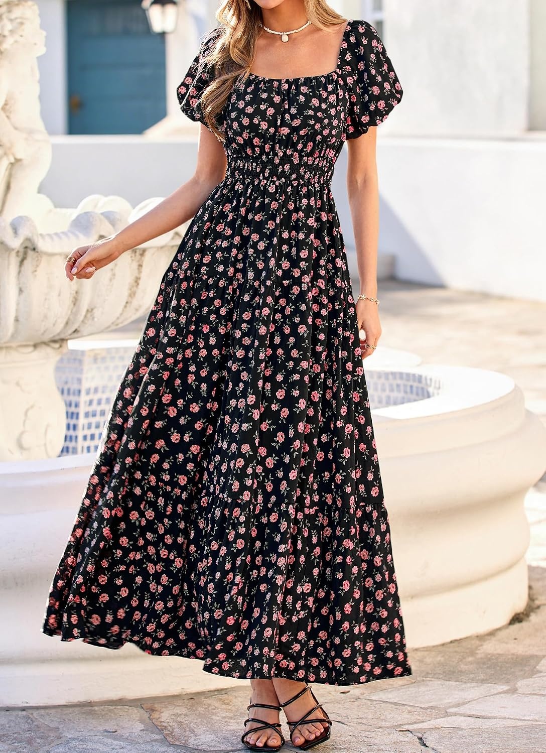 image:imageBTFBM Summer Dress for Women 2026 Spring Floral Short Sleeve Casual Flowy ALine Smocked Tiered Maxi Dresses PocketsFloral Black Pink