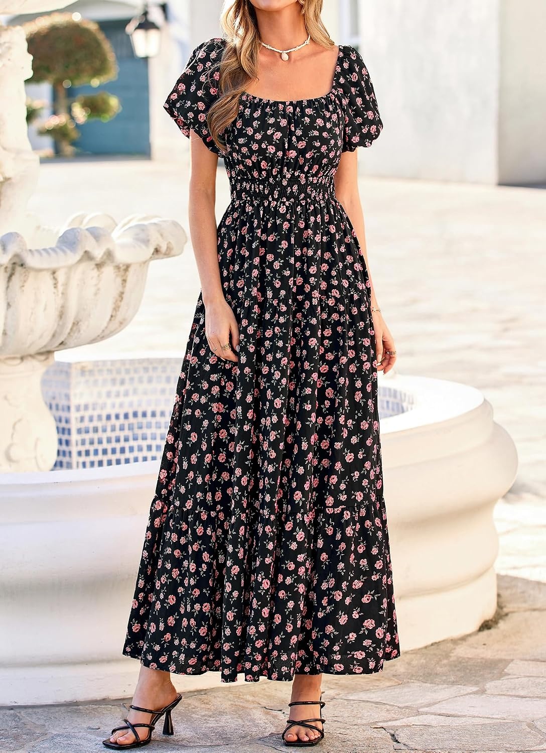 image:imageBTFBM Summer Dress for Women 2026 Spring Floral Short Sleeve Casual Flowy ALine Smocked Tiered Maxi Dresses PocketsFloral Black Pink