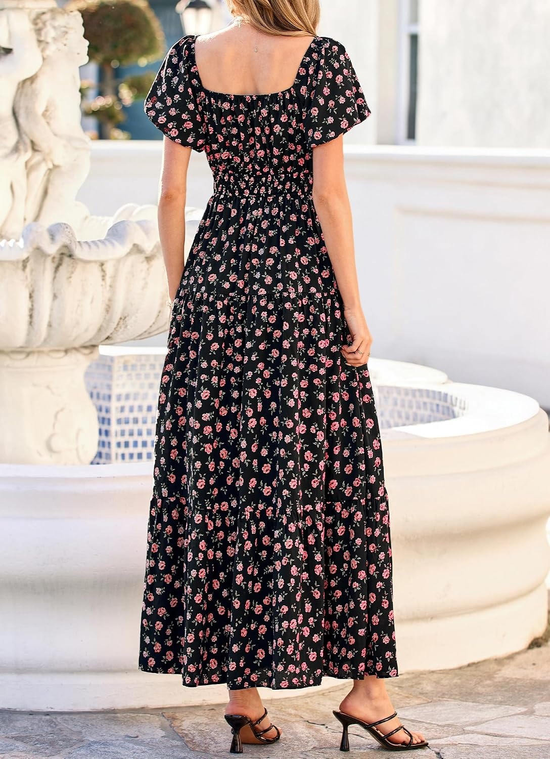 image:imageBTFBM Summer Dress for Women 2026 Spring Floral Short Sleeve Casual Flowy ALine Smocked Tiered Maxi Dresses PocketsFloral Black Pink