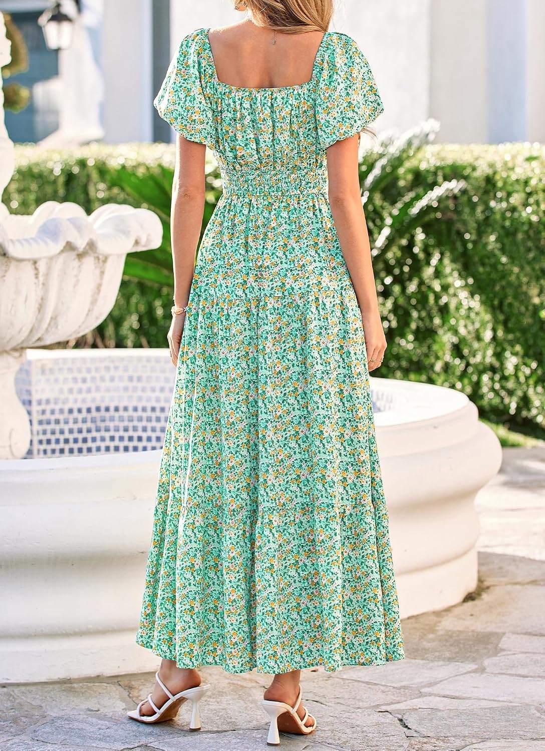 image:imageBTFBM Summer Dress for Women 2026 Spring Floral Short Sleeve Casual Flowy ALine Smocked Tiered Maxi Dresses PocketsFloral Green