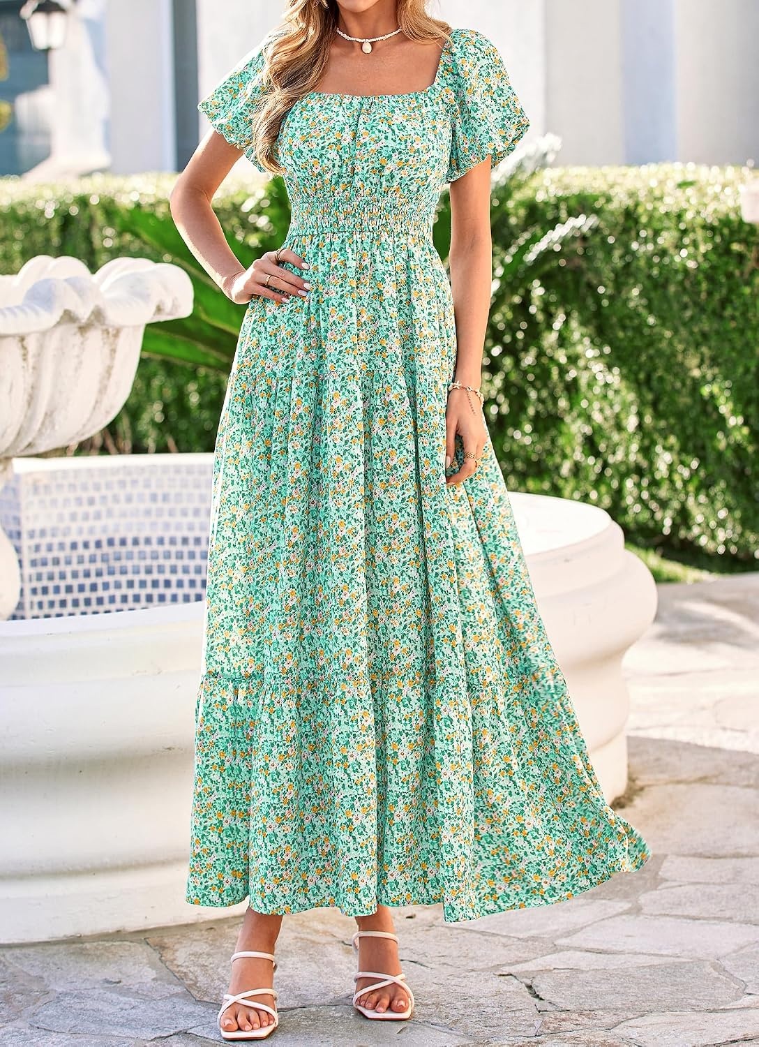 image:imageBTFBM Summer Dress for Women 2026 Spring Floral Short Sleeve Casual Flowy ALine Smocked Tiered Maxi Dresses PocketsFloral Green
