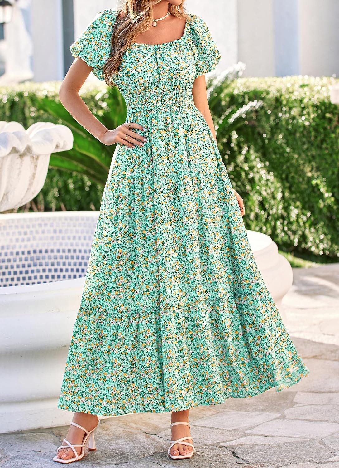 image:imageBTFBM Summer Dress for Women 2026 Spring Floral Short Sleeve Casual Flowy ALine Smocked Tiered Maxi Dresses PocketsFloral Green