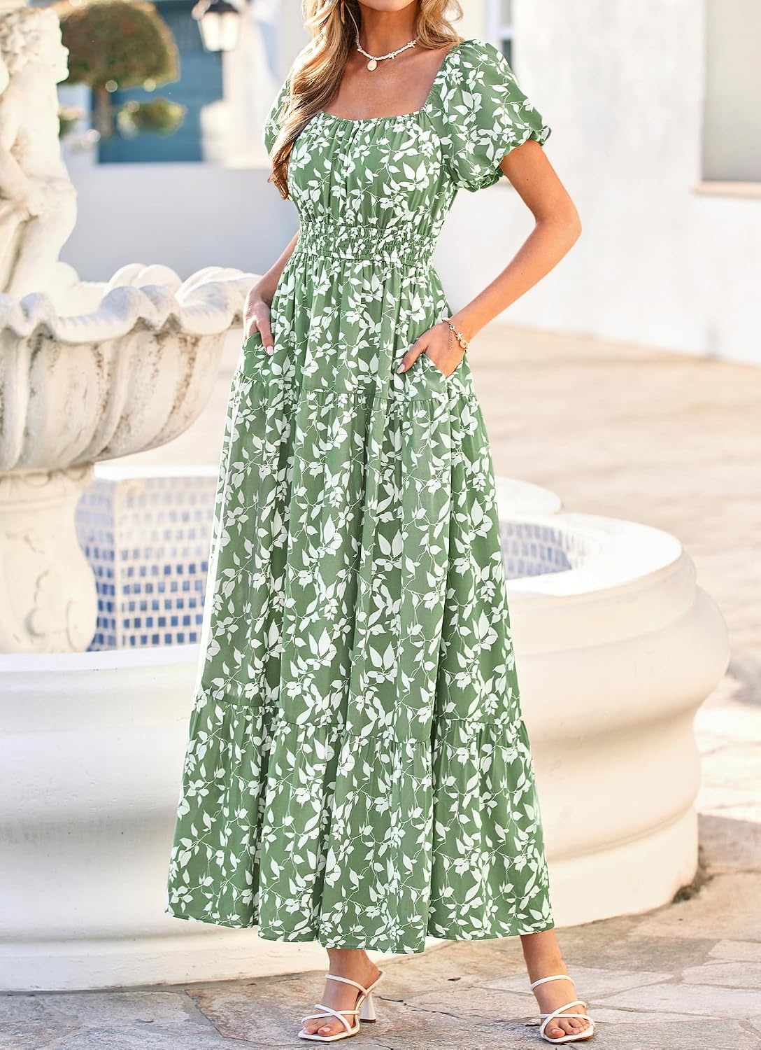 image:imageBTFBM Summer Dress for Women 2026 Spring Floral Short Sleeve Casual Flowy ALine Smocked Tiered Maxi Dresses PocketsFloral Green White