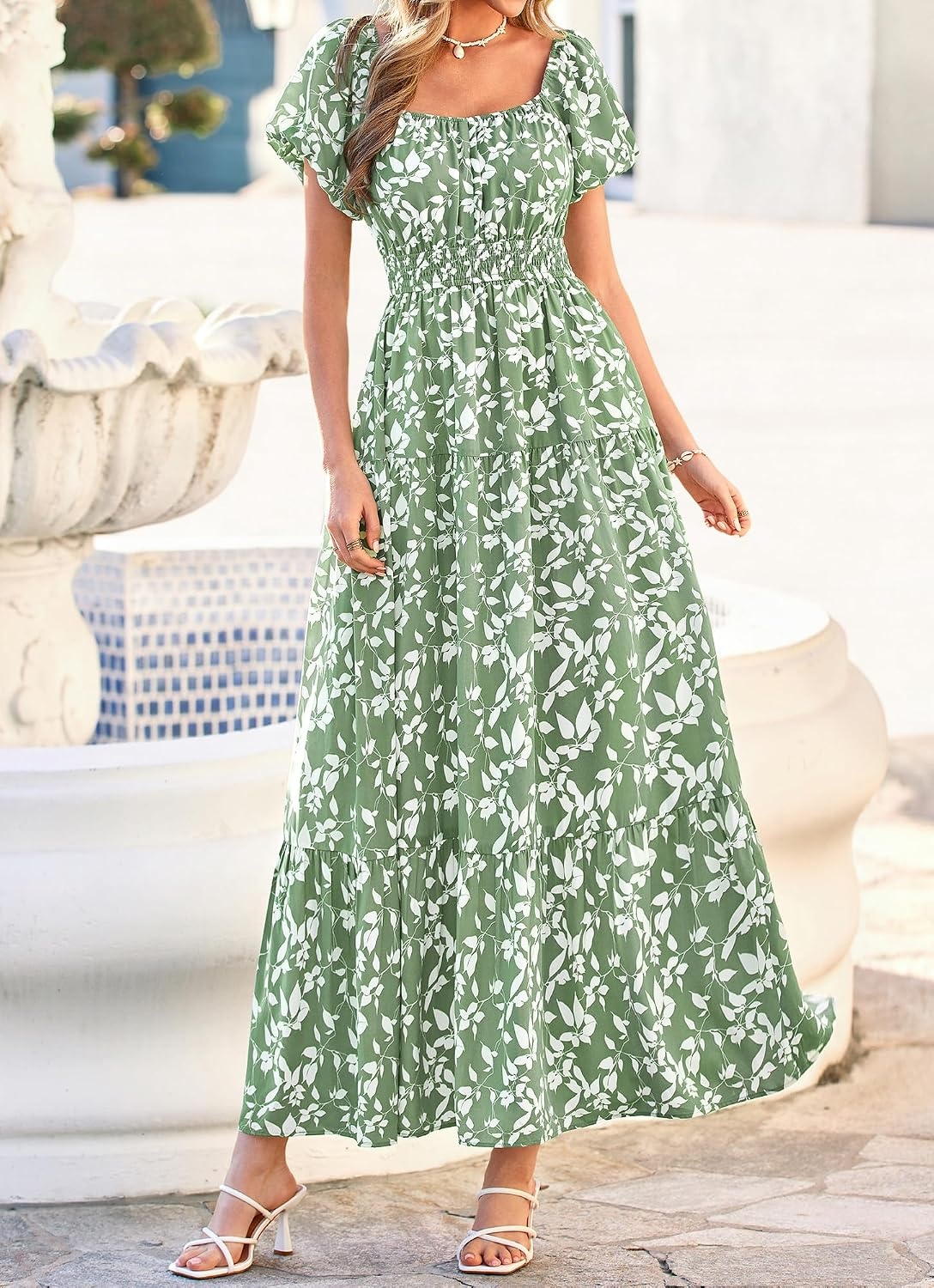 image:imageBTFBM Summer Dress for Women 2026 Spring Floral Short Sleeve Casual Flowy ALine Smocked Tiered Maxi Dresses PocketsFloral Green White