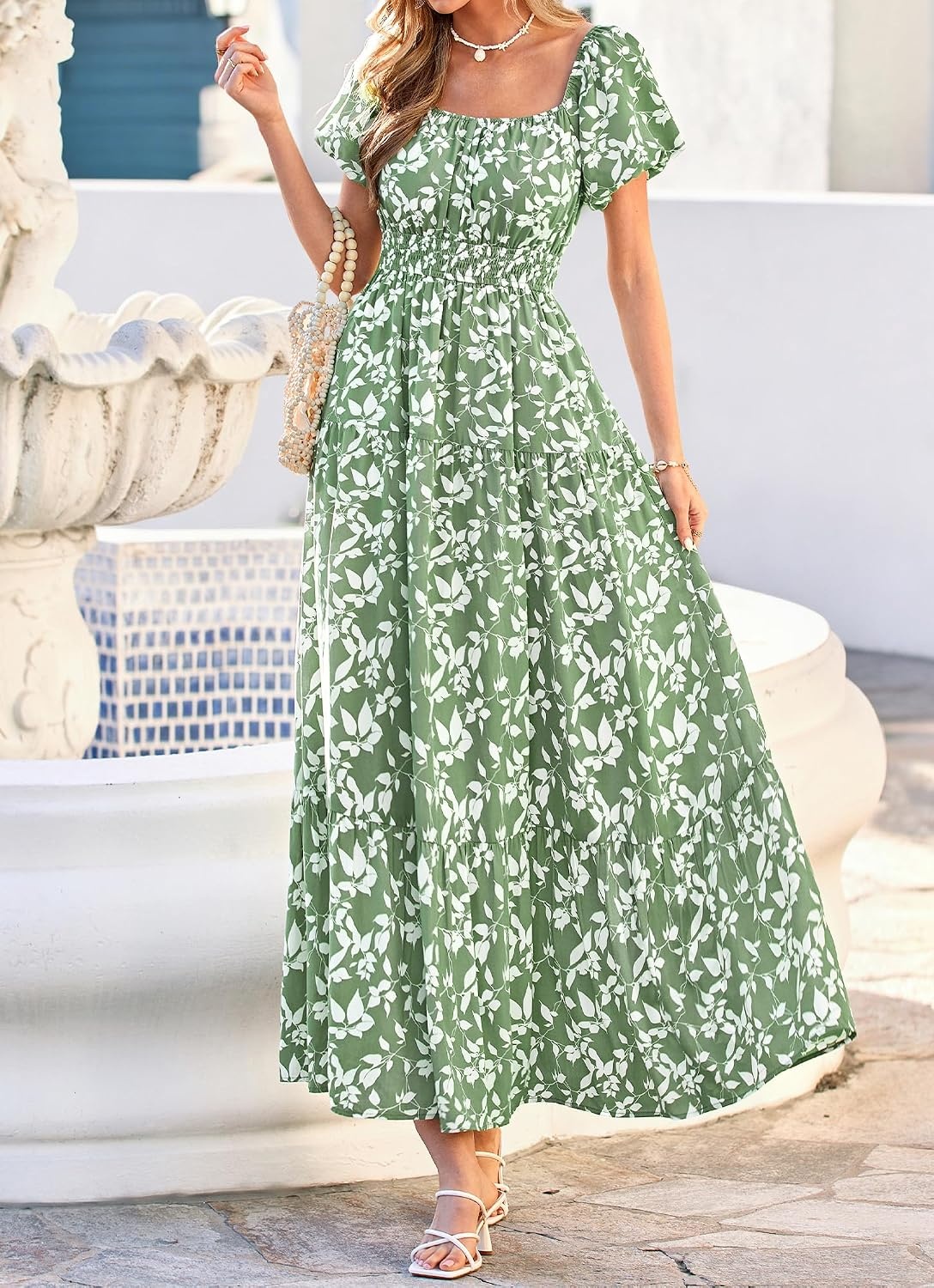 image:imageBTFBM Summer Dress for Women 2026 Spring Floral Short Sleeve Casual Flowy ALine Smocked Tiered Maxi Dresses PocketsFloral Green White