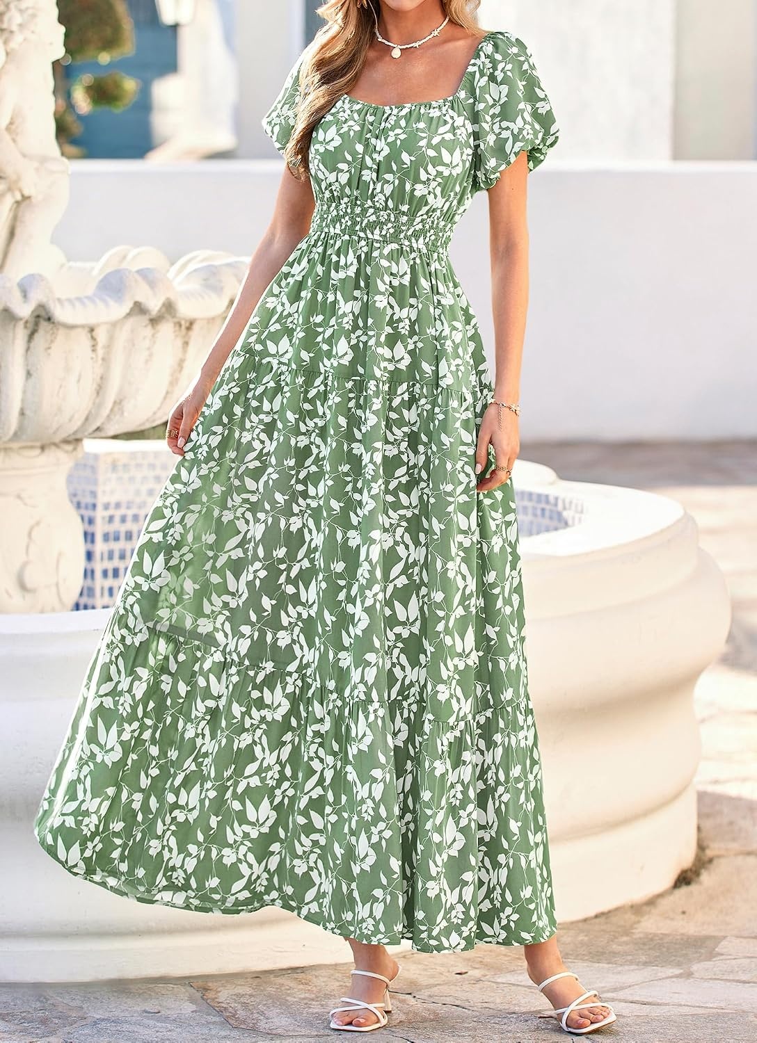 image:imageBTFBM Summer Dress for Women 2026 Spring Floral Short Sleeve Casual Flowy ALine Smocked Tiered Maxi Dresses PocketsFloral Green White