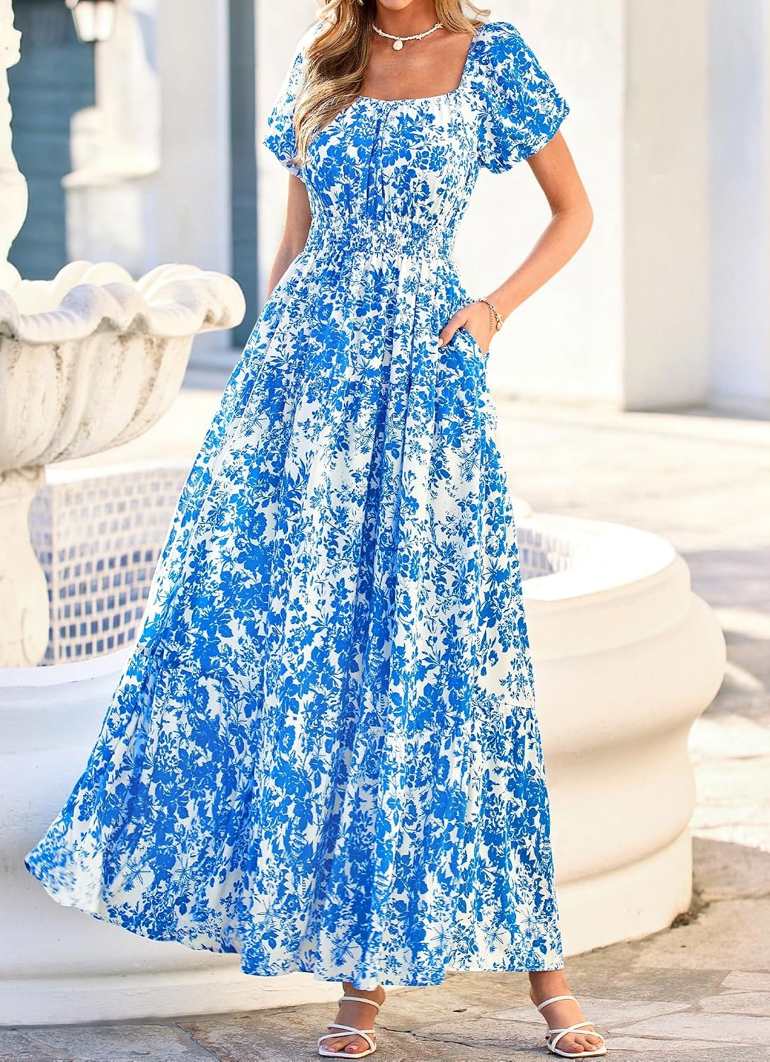 image:imageBTFBM Summer Dress for Women 2026 Spring Floral Short Sleeve Casual Flowy ALine Smocked Tiered Maxi Dresses PocketsLeaf Blue