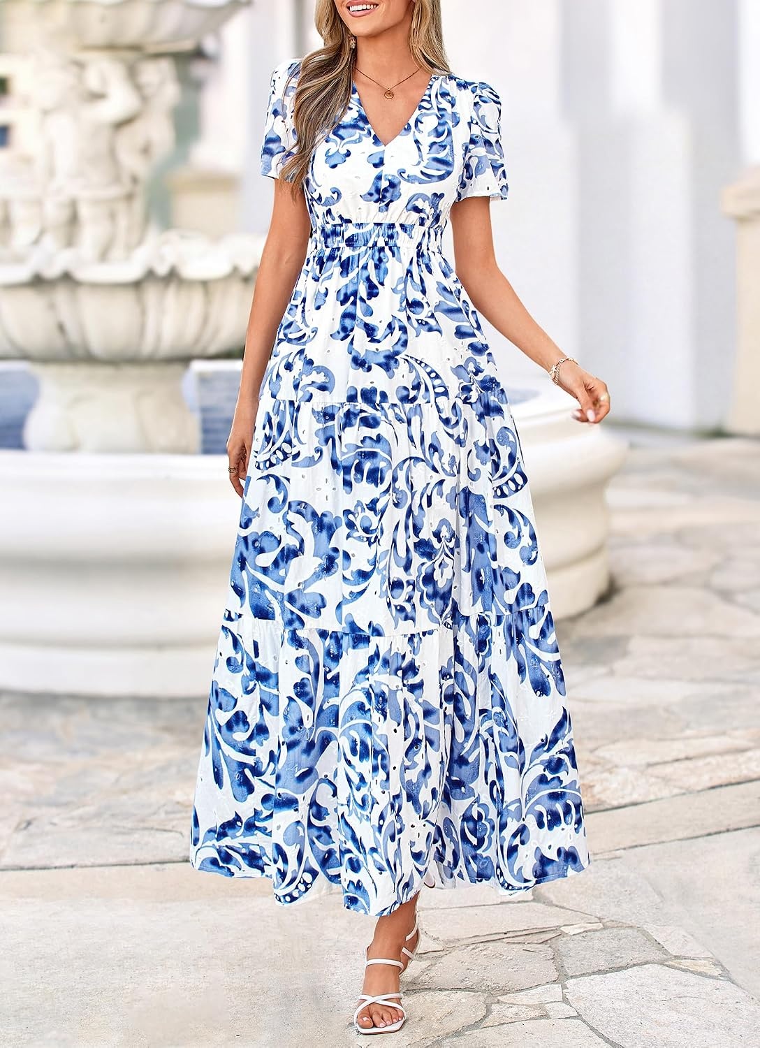 image:imageBTFBM Summer Dresses for Women 2026 Boho Maxi Dress Eyelet Floral SundressFloral White Blue