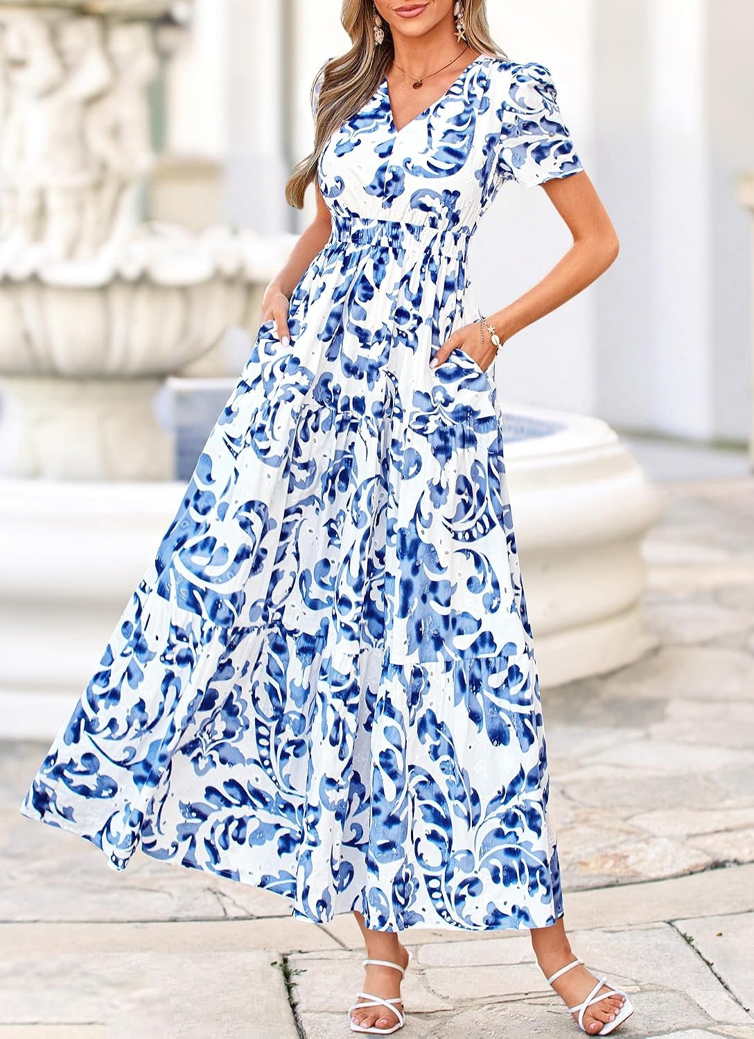 image:imageBTFBM Summer Dresses for Women 2026 Boho Maxi Dress Eyelet Floral SundressFloral White Blue