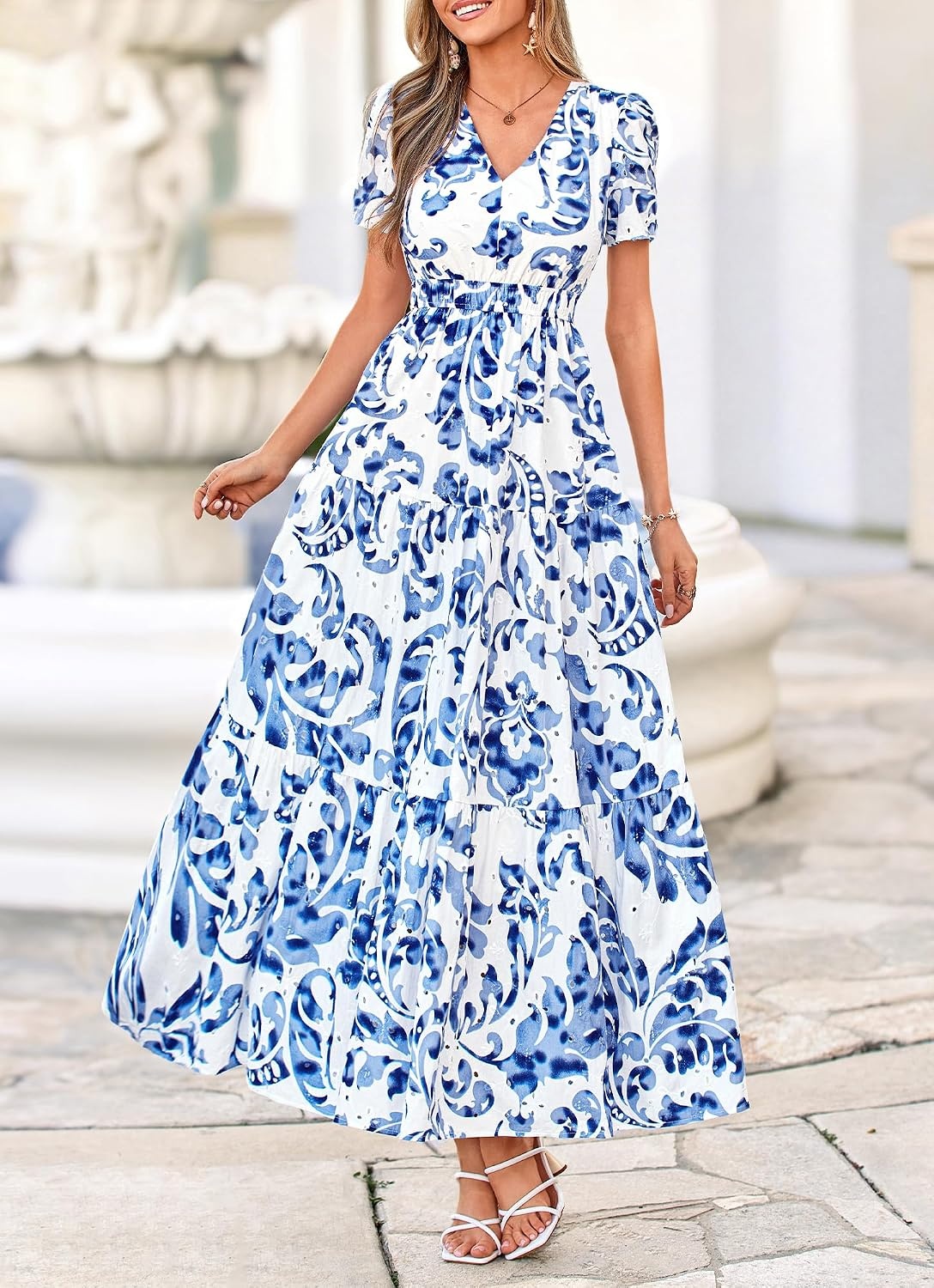 image:imageBTFBM Summer Dresses for Women 2026 Boho Maxi Dress Eyelet Floral SundressFloral White Blue