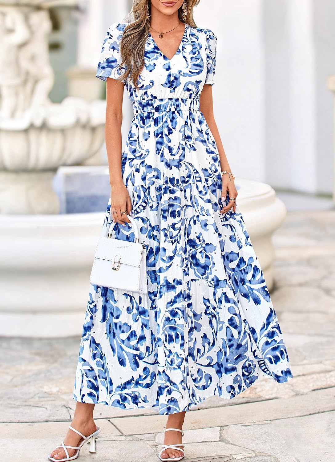 image:imageBTFBM Summer Dresses for Women 2026 Boho Maxi Dress Eyelet Floral SundressFloral White Blue