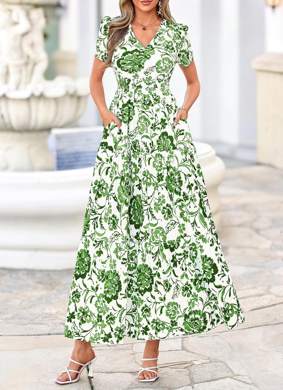image:imageBTFBM Summer Dresses for Women 2026 Boho Maxi Dress Eyelet Floral SundressFloral White Green