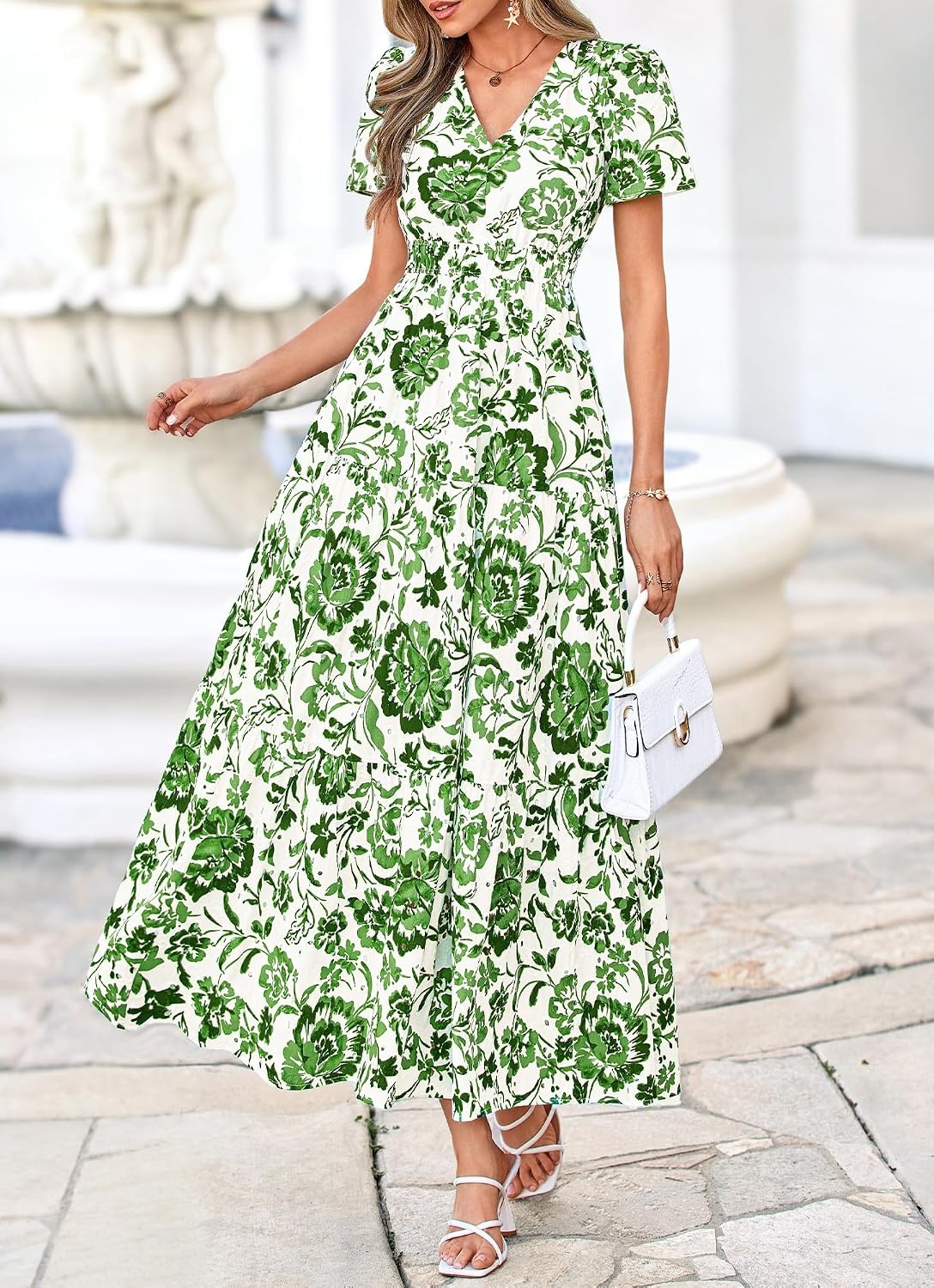image:imageBTFBM Summer Dresses for Women 2026 Boho Maxi Dress Eyelet Floral SundressFloral White Green