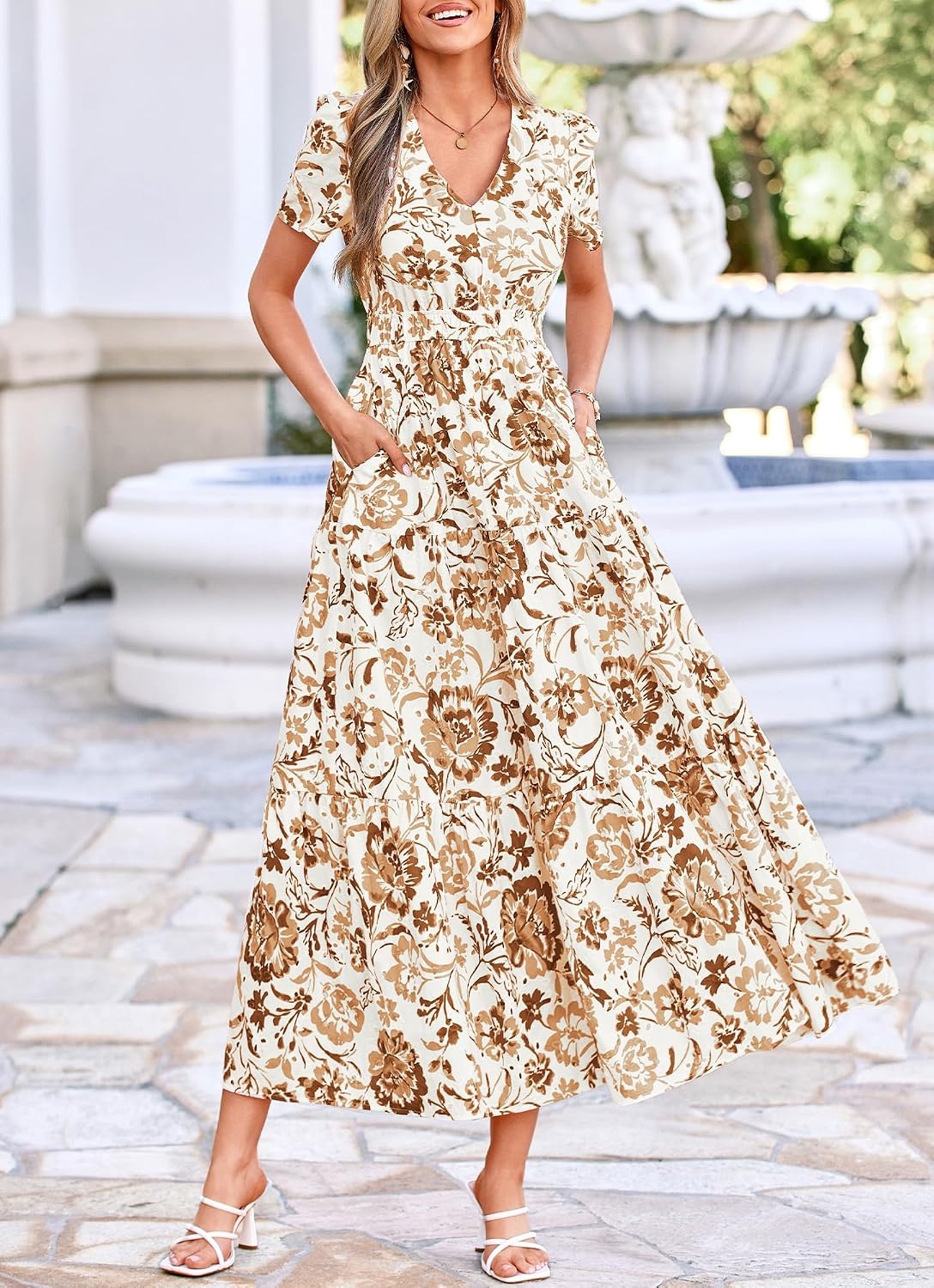 image:imageBTFBM Summer Dresses for Women 2026 Boho Maxi Dress Eyelet Floral SundressFloral White Khaki
