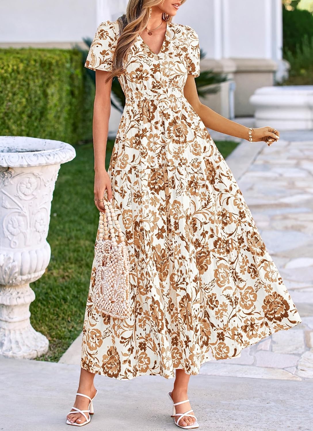 image:imageBTFBM Summer Dresses for Women 2026 Boho Maxi Dress Eyelet Floral SundressFloral White Khaki
