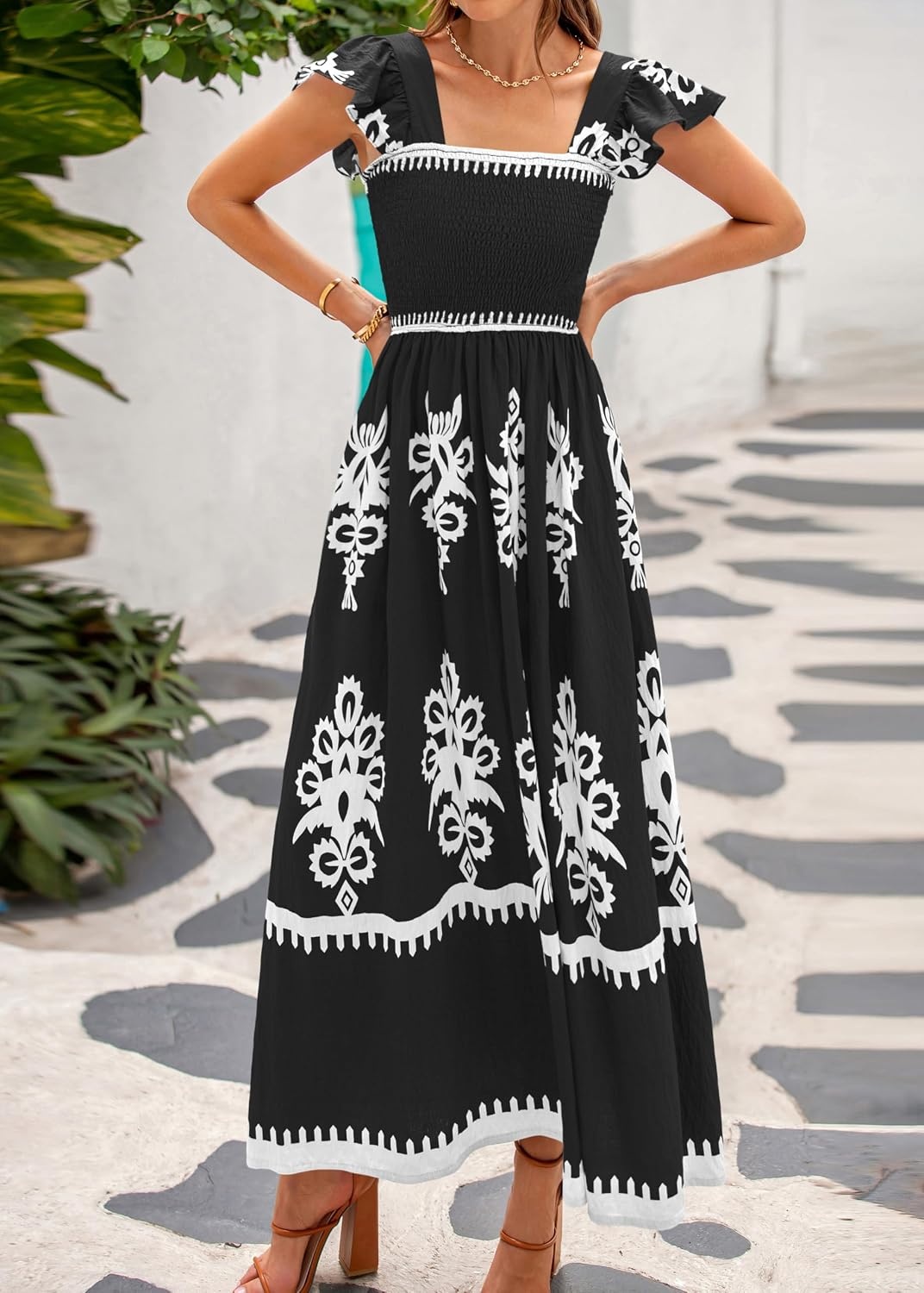 image:imageBTFBM Summer Dresses for Women 2026 Casual Floral Boho Sleeveless Square Neck A Line Flowy Beach Maxi Sundress PocketsBlack