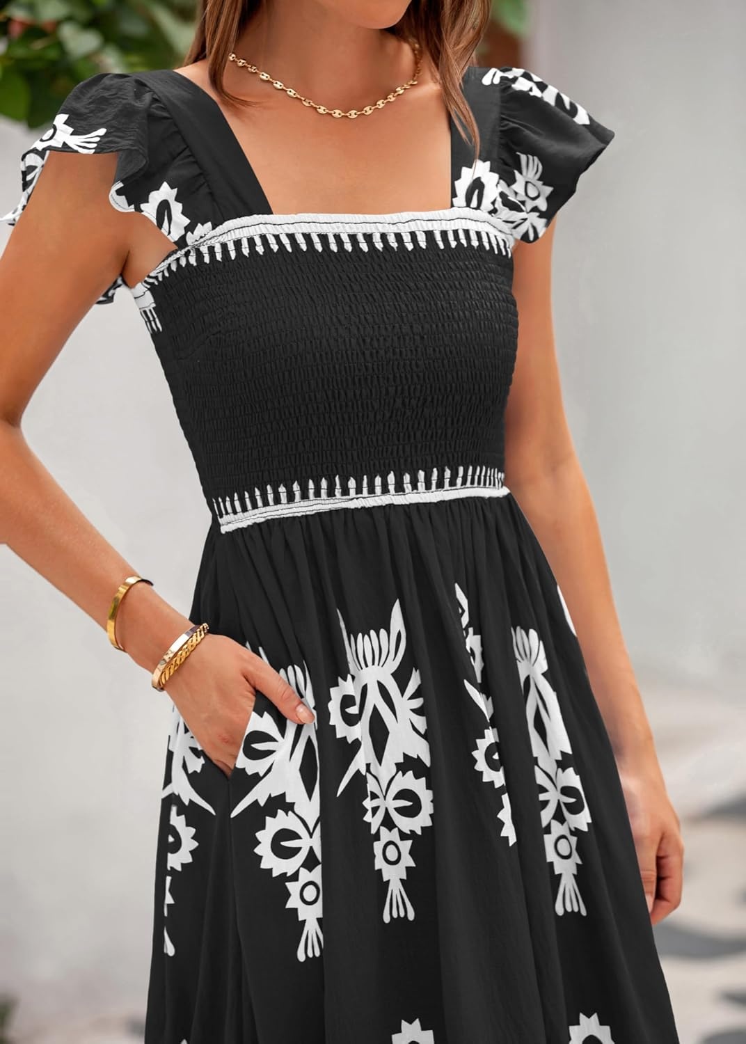 image:imageBTFBM Summer Dresses for Women 2026 Casual Floral Boho Sleeveless Square Neck A Line Flowy Beach Maxi Sundress PocketsBlack