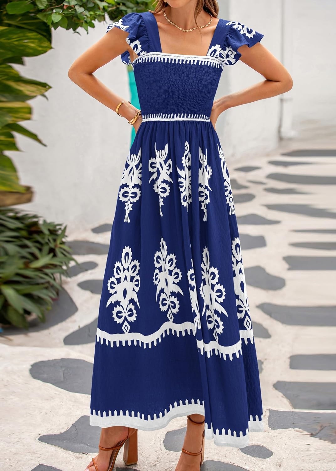 image:imageBTFBM Summer Dresses for Women 2026 Casual Floral Boho Sleeveless Square Neck A Line Flowy Beach Maxi Sundress PocketsDark Blue