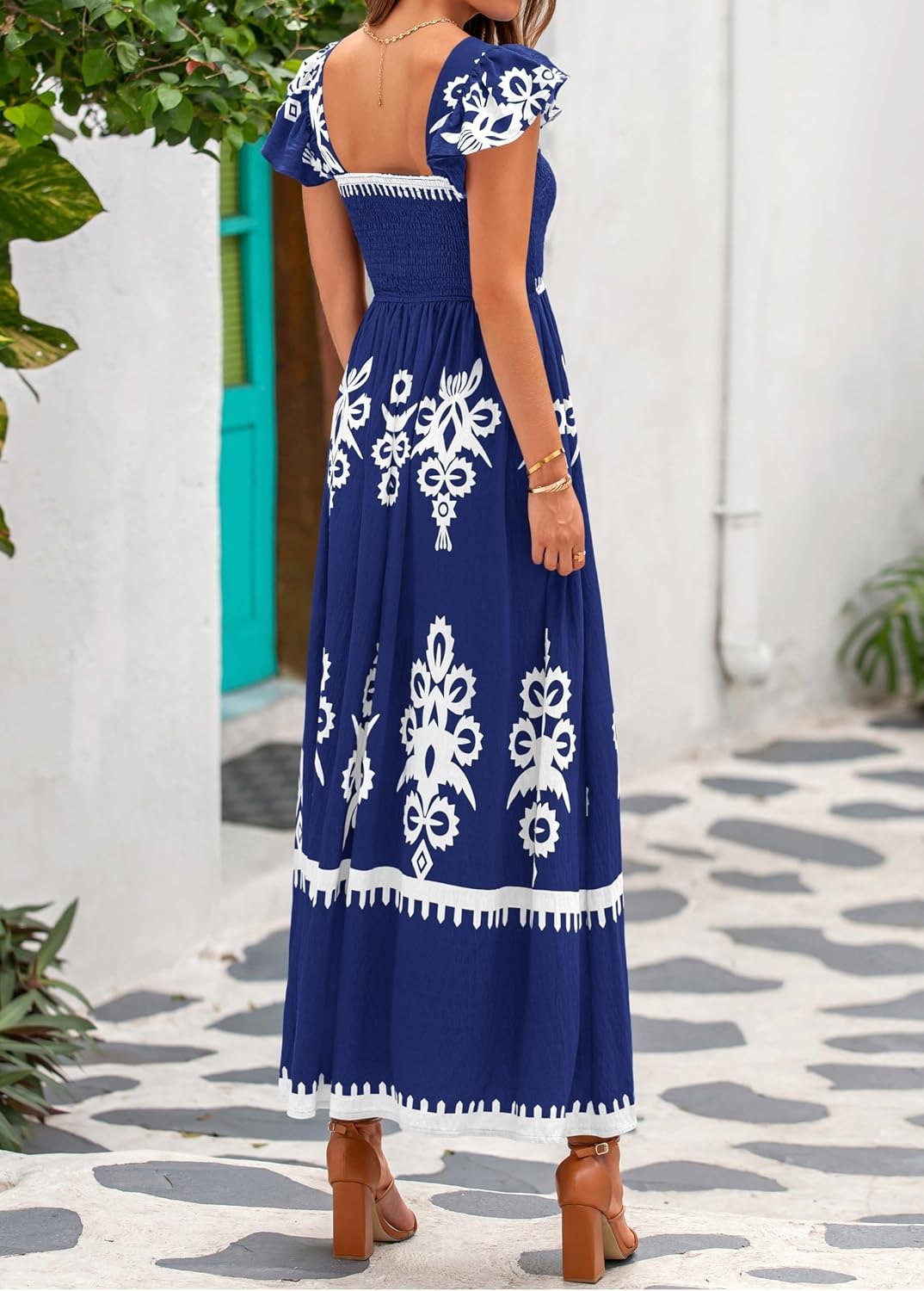 image:imageBTFBM Summer Dresses for Women 2026 Casual Floral Boho Sleeveless Square Neck A Line Flowy Beach Maxi Sundress PocketsDark Blue