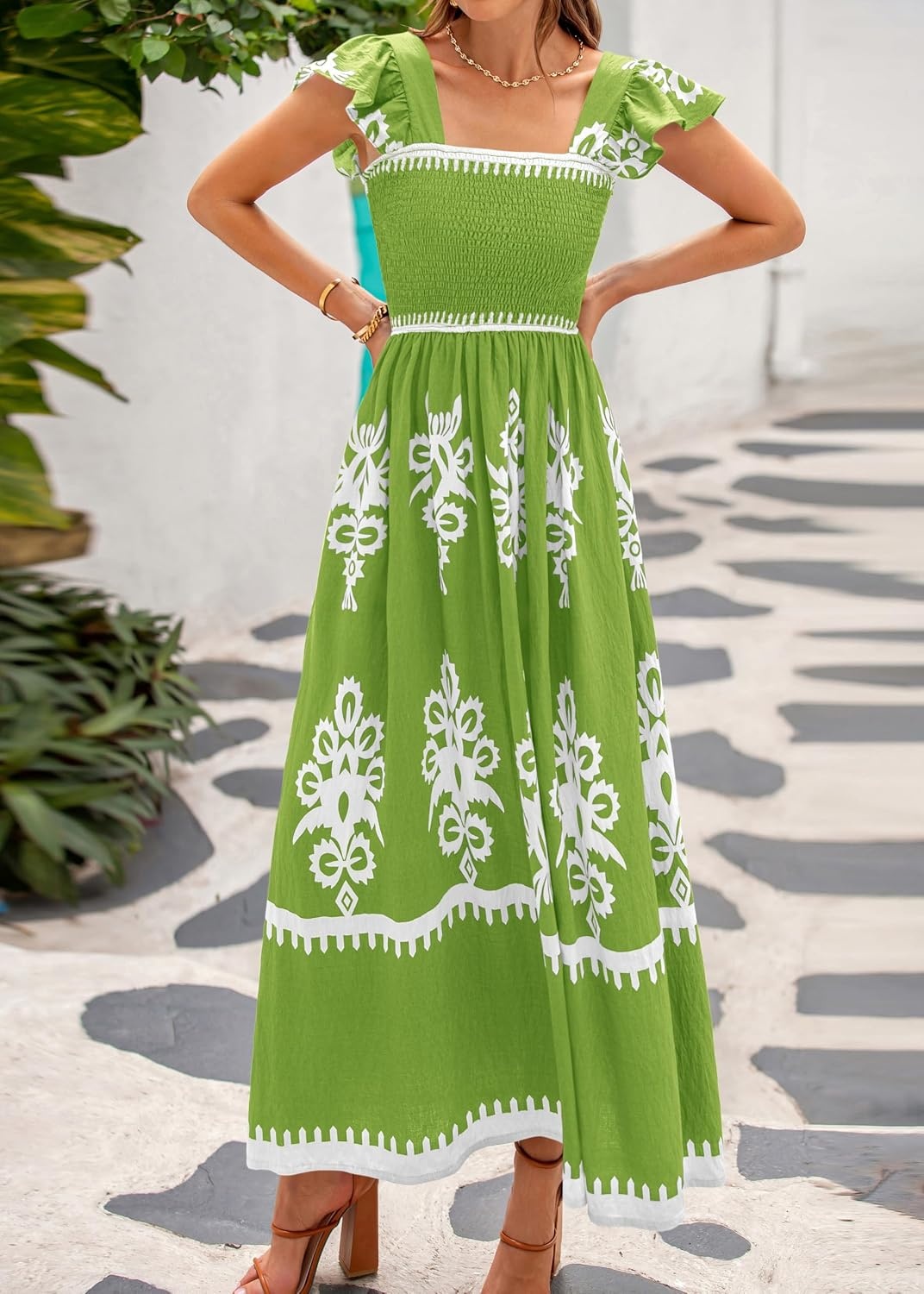image:imageBTFBM Summer Dresses for Women 2026 Casual Floral Boho Sleeveless Square Neck A Line Flowy Beach Maxi Sundress PocketsGreen