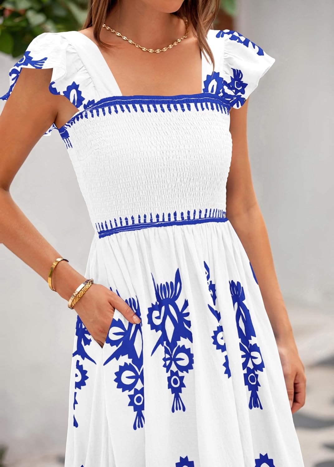 image:imageBTFBM Summer Dresses for Women 2026 Casual Floral Boho Sleeveless Square Neck A Line Flowy Beach Maxi Sundress PocketsWhite Blue