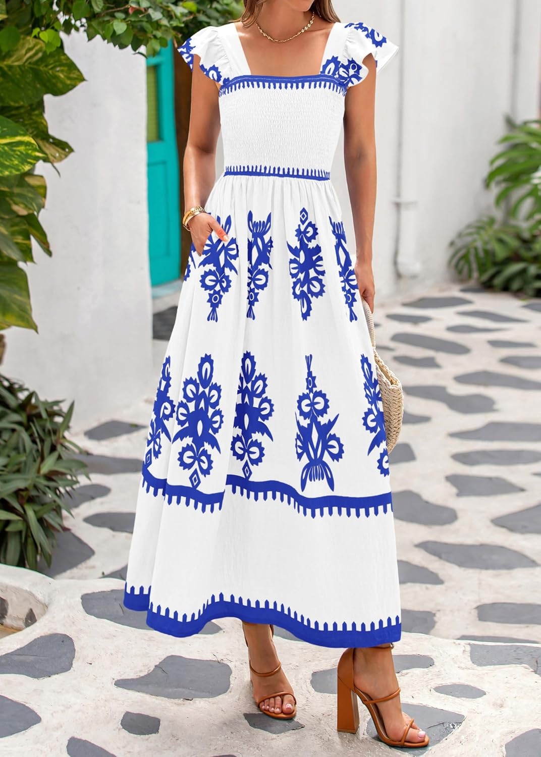 image:imageBTFBM Summer Dresses for Women 2026 Casual Floral Boho Sleeveless Square Neck A Line Flowy Beach Maxi Sundress PocketsWhite Blue