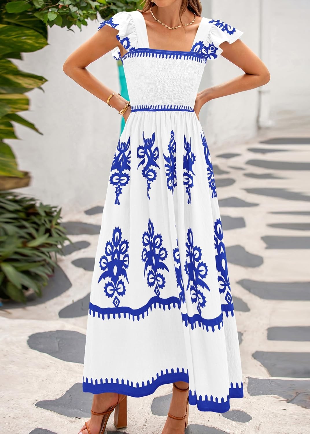 image:imageBTFBM Summer Dresses for Women 2026 Casual Floral Boho Sleeveless Square Neck A Line Flowy Beach Maxi Sundress PocketsWhite Blue