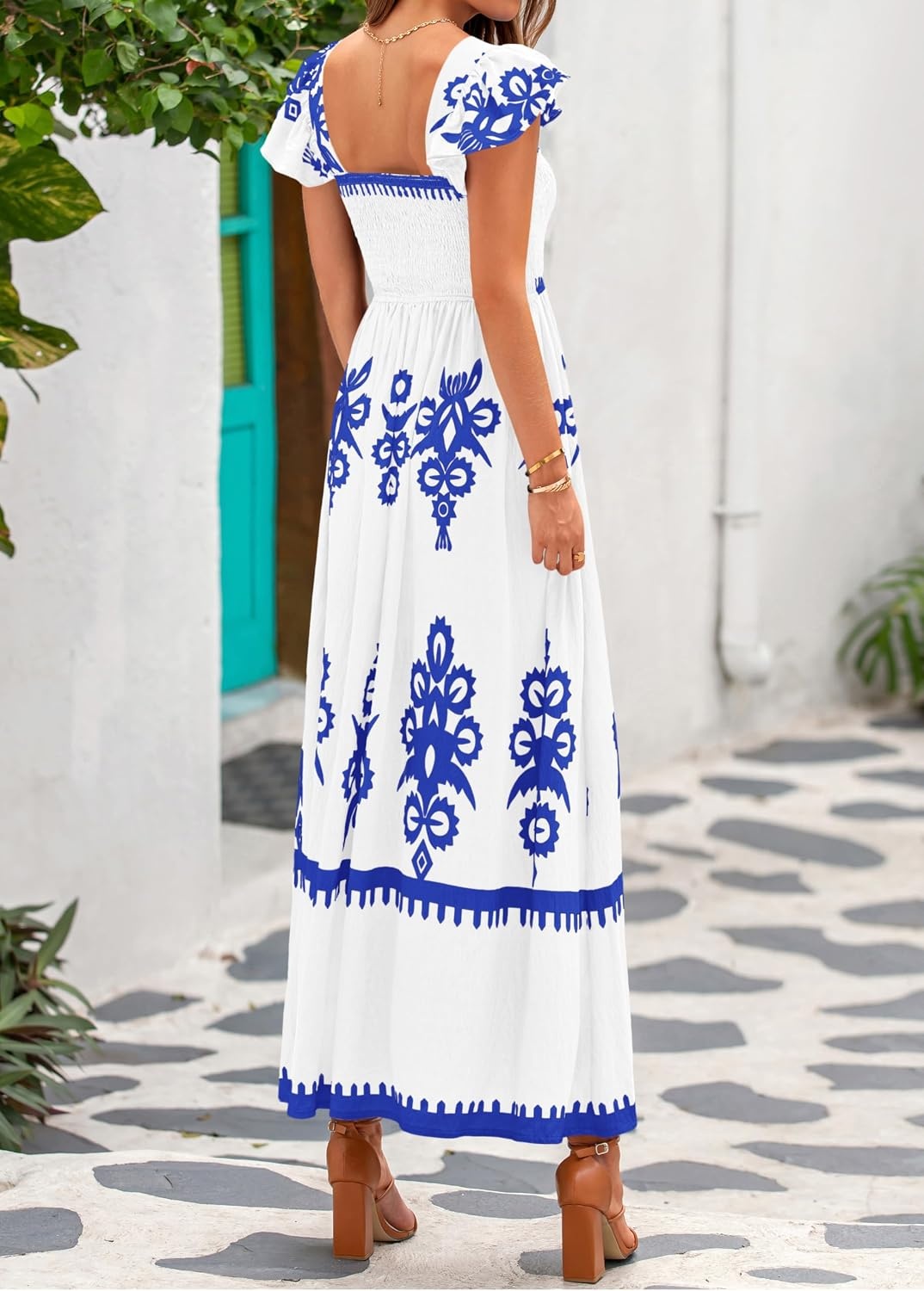 image:imageBTFBM Summer Dresses for Women 2026 Casual Floral Boho Sleeveless Square Neck A Line Flowy Beach Maxi Sundress PocketsWhite Blue