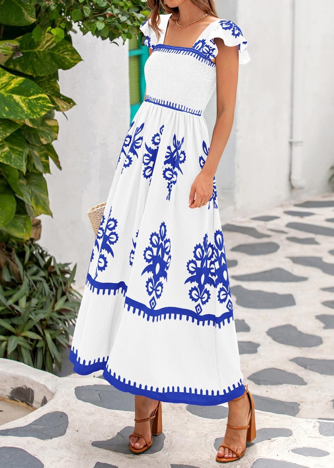 image:imageBTFBM Summer Dresses for Women 2026 Casual Floral Boho Sleeveless Square Neck A Line Flowy Beach Maxi Sundress PocketsWhite Blue