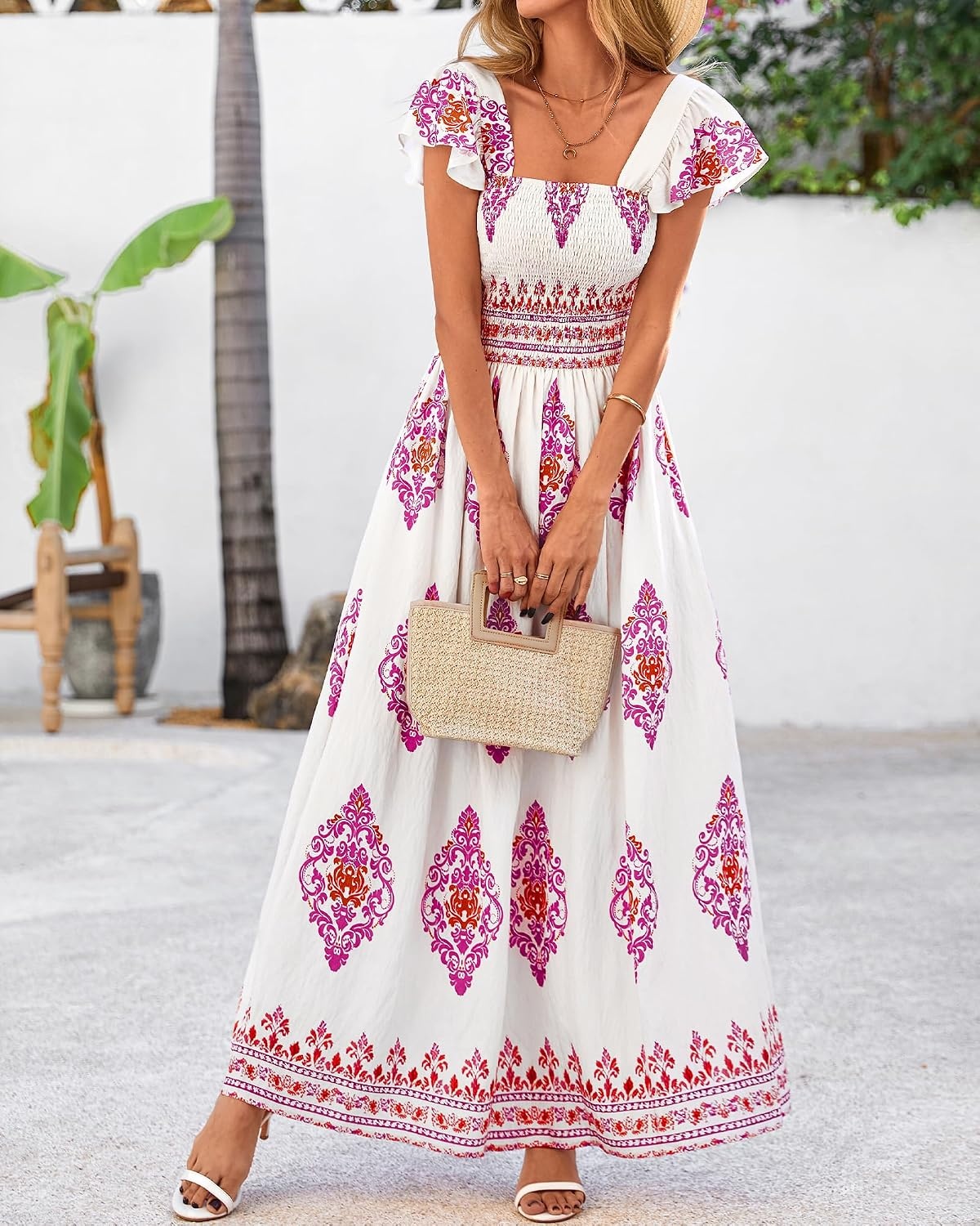 image:imageBTFBM Summer Dresses for Women 2026 Casual Floral Boho Sleeveless Square Neck A Line Flowy Beach Maxi Sundress PocketsWhite Rose Red