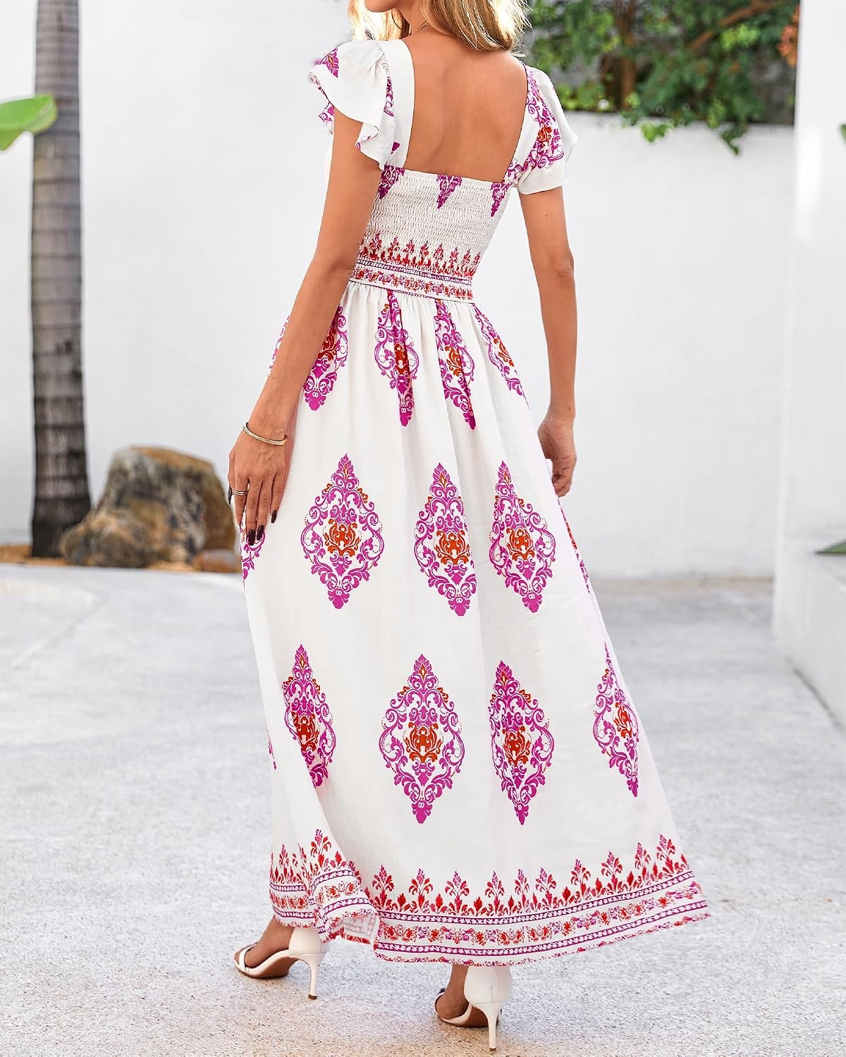 image:imageBTFBM Summer Dresses for Women 2026 Casual Floral Boho Sleeveless Square Neck A Line Flowy Beach Maxi Sundress PocketsWhite Rose Red