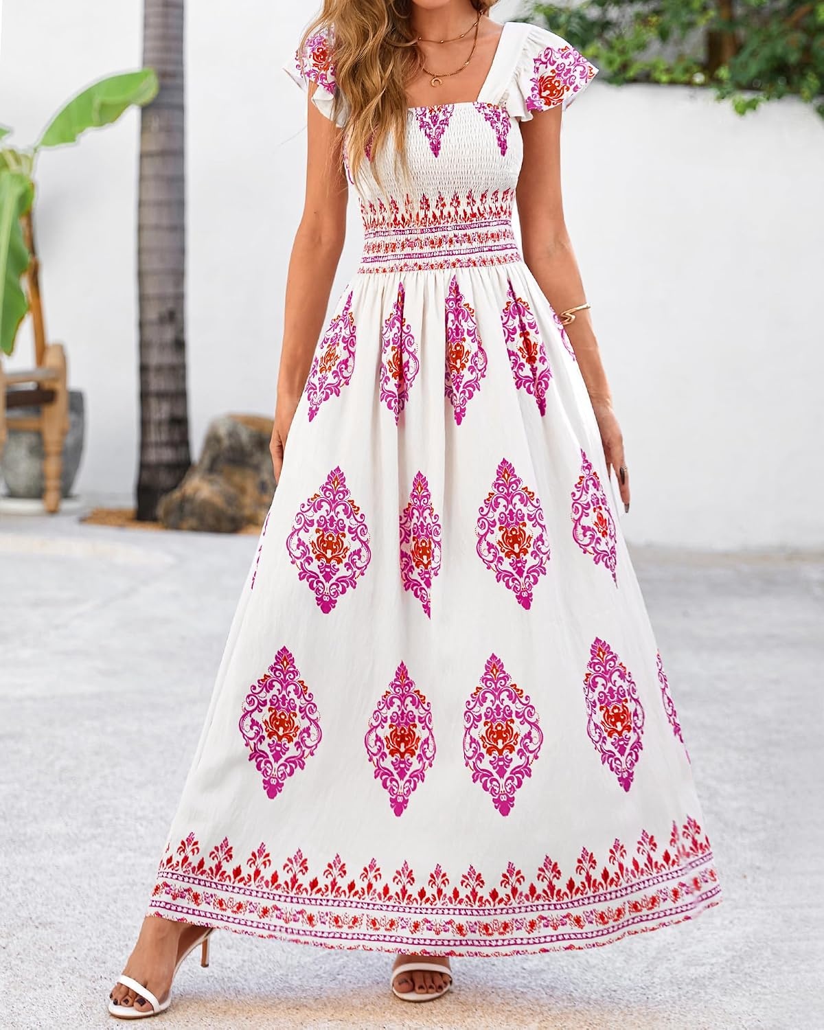 image:imageBTFBM Summer Dresses for Women 2026 Casual Floral Boho Sleeveless Square Neck A Line Flowy Beach Maxi Sundress PocketsWhite Rose Red