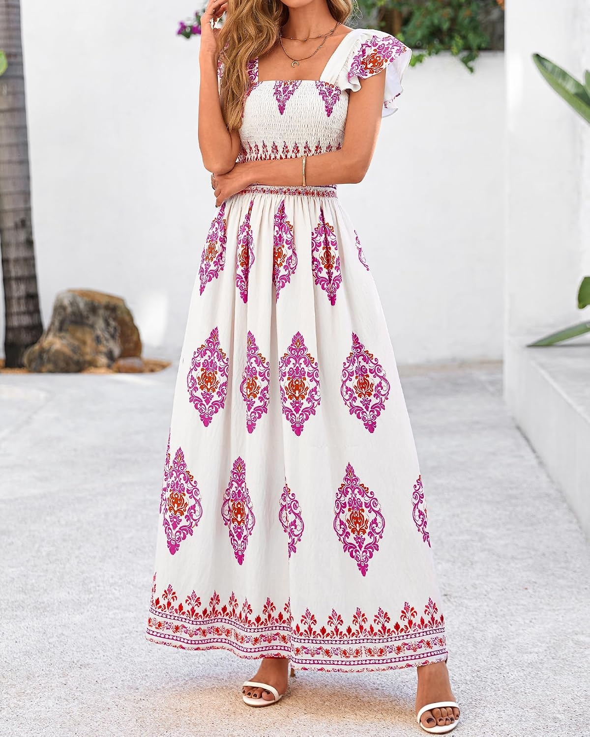 image:imageBTFBM Summer Dresses for Women 2026 Casual Floral Boho Sleeveless Square Neck A Line Flowy Beach Maxi Sundress PocketsWhite Rose Red