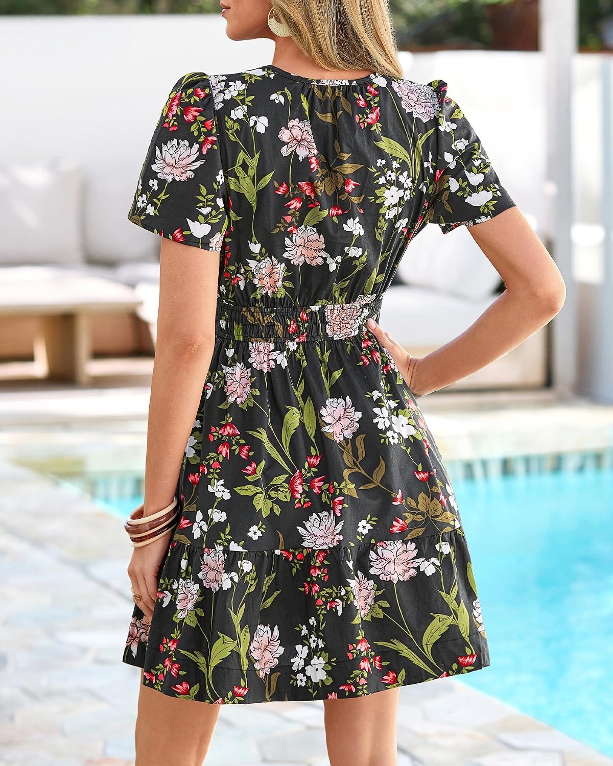 image:imageBTFBM Summer Dresses for Women 2026 Casual Short Sleeve Floral Mini DressBlack Pink Flower