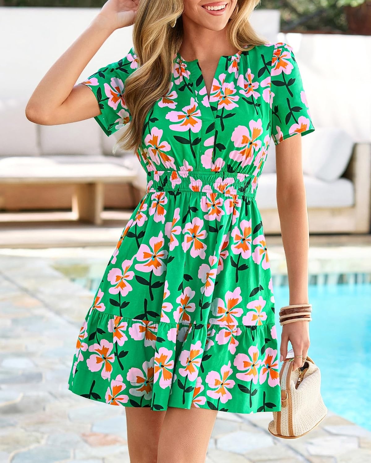 image:imageBTFBM Summer Dresses for Women 2026 Casual Short Sleeve Floral Mini DressGreen Pink Flower