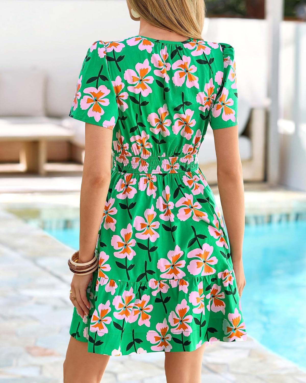image:imageBTFBM Summer Dresses for Women 2026 Casual Short Sleeve Floral Mini DressGreen Pink Flower