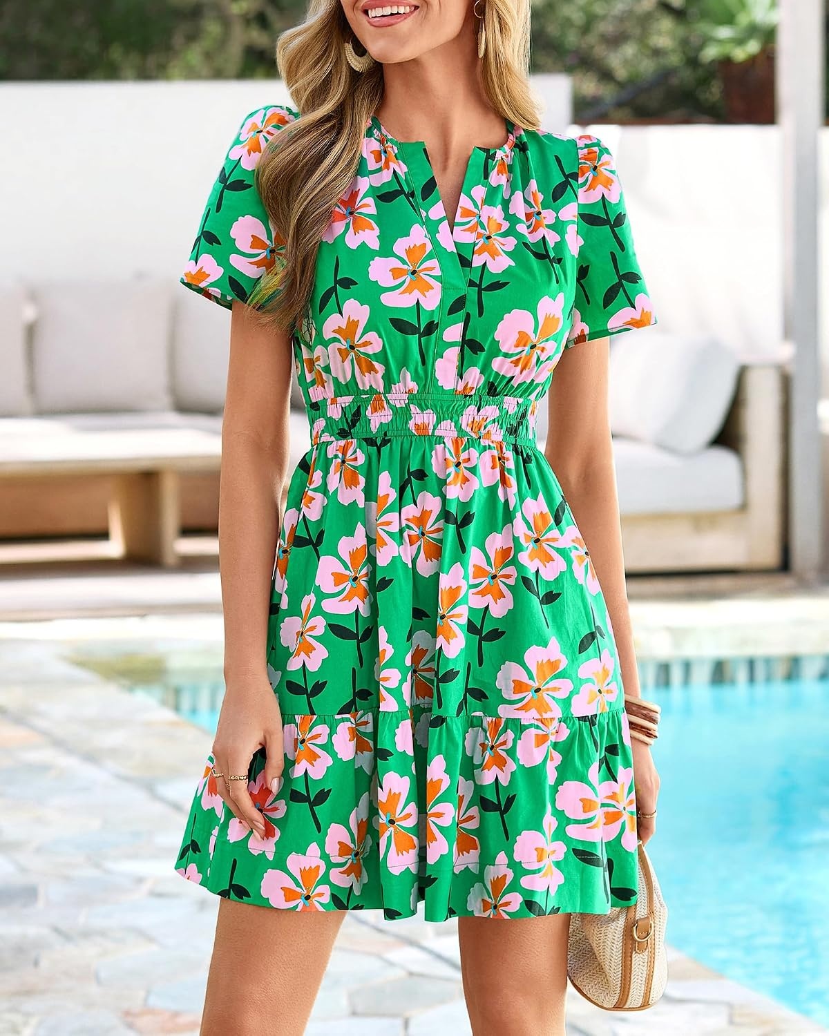 image:imageBTFBM Summer Dresses for Women 2026 Casual Short Sleeve Floral Mini DressGreen Pink Flower