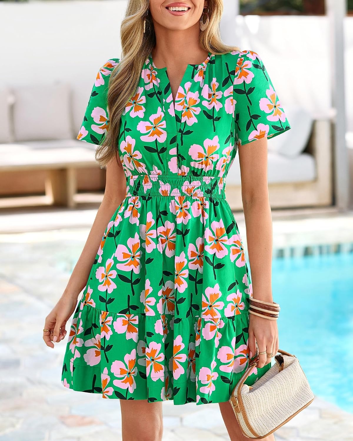image:imageBTFBM Summer Dresses for Women 2026 Casual Short Sleeve Floral Mini DressGreen Pink Flower