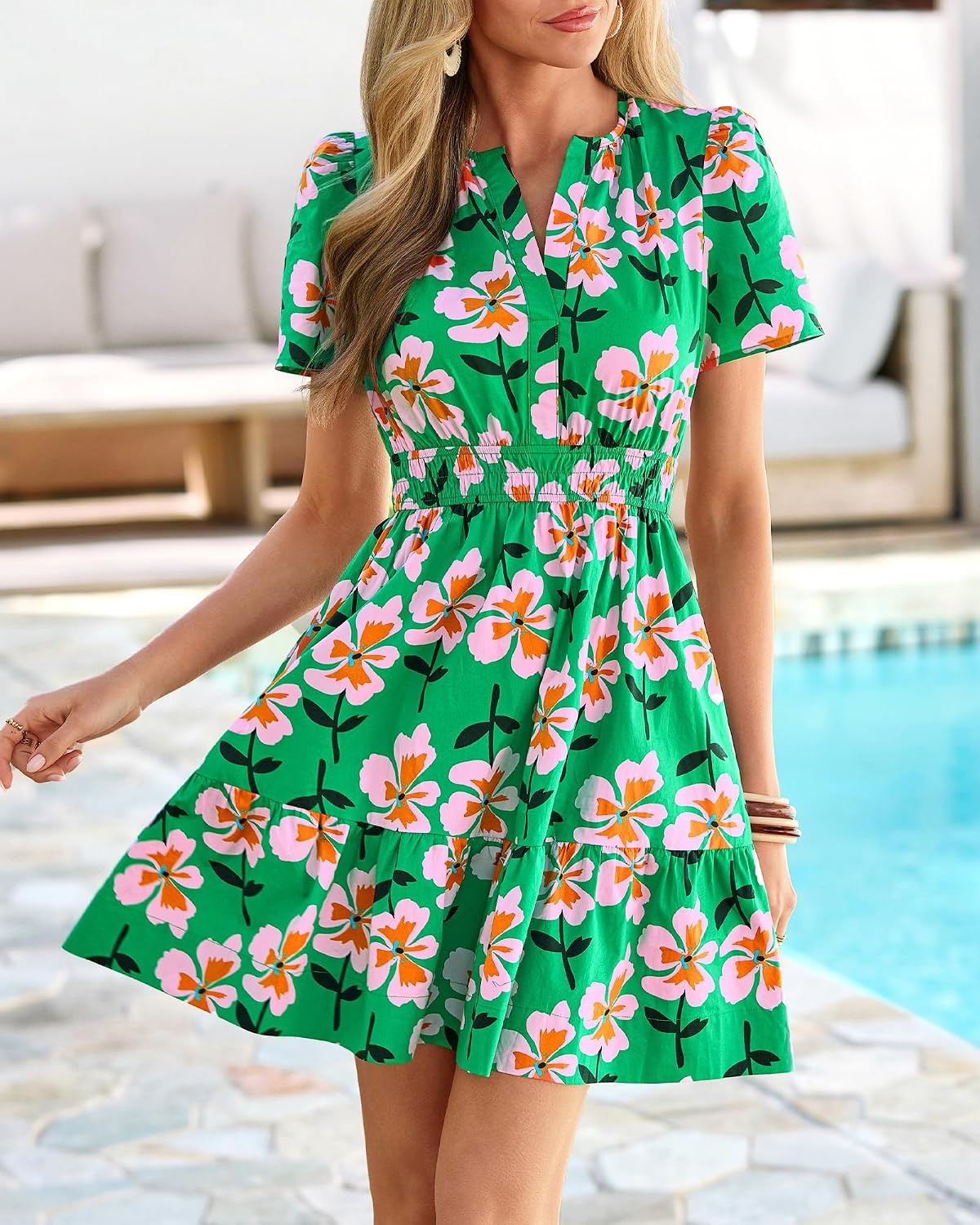 image:imageBTFBM Summer Dresses for Women 2026 Casual Short Sleeve Floral Mini DressGreen Pink Flower