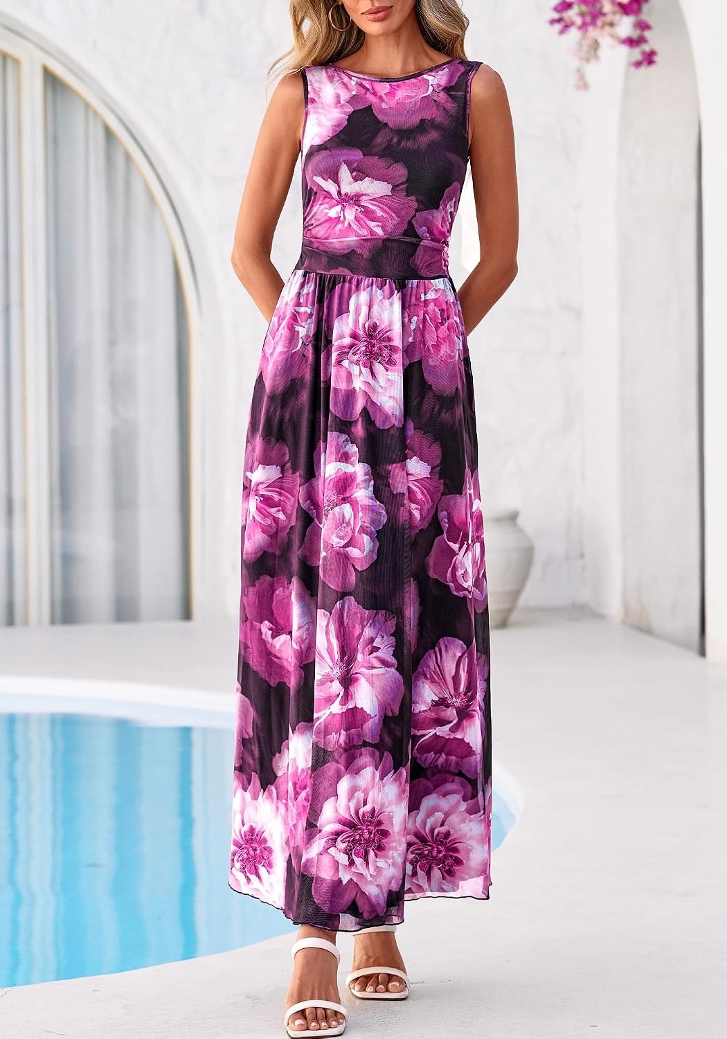 image:imageBTFBM Summer Dresses for Women 2026 Floral Maxi Dress Sleeveless Mesh Flowy Spring Wedding Guest Dress Long SundressesBlack Flower