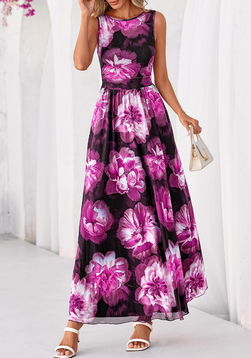 image:imageBTFBM Summer Dresses for Women 2026 Floral Maxi Dress Sleeveless Mesh Flowy Spring Wedding Guest Dress Long SundressesBlack Flower