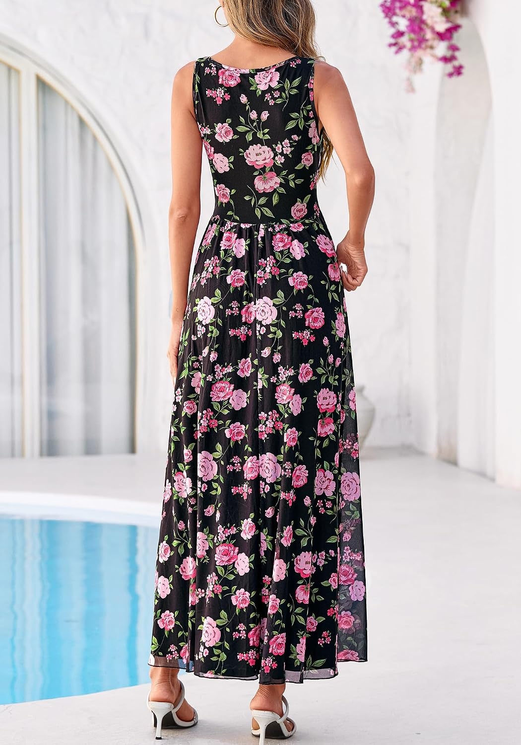 image:imageBTFBM Summer Dresses for Women 2026 Floral Maxi Dress Sleeveless Mesh Flowy Spring Wedding Guest Dress Long SundressesBlack Pink Flower
