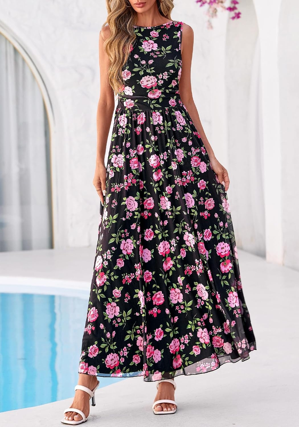 image:imageBTFBM Summer Dresses for Women 2026 Floral Maxi Dress Sleeveless Mesh Flowy Spring Wedding Guest Dress Long SundressesBlack Pink Flower