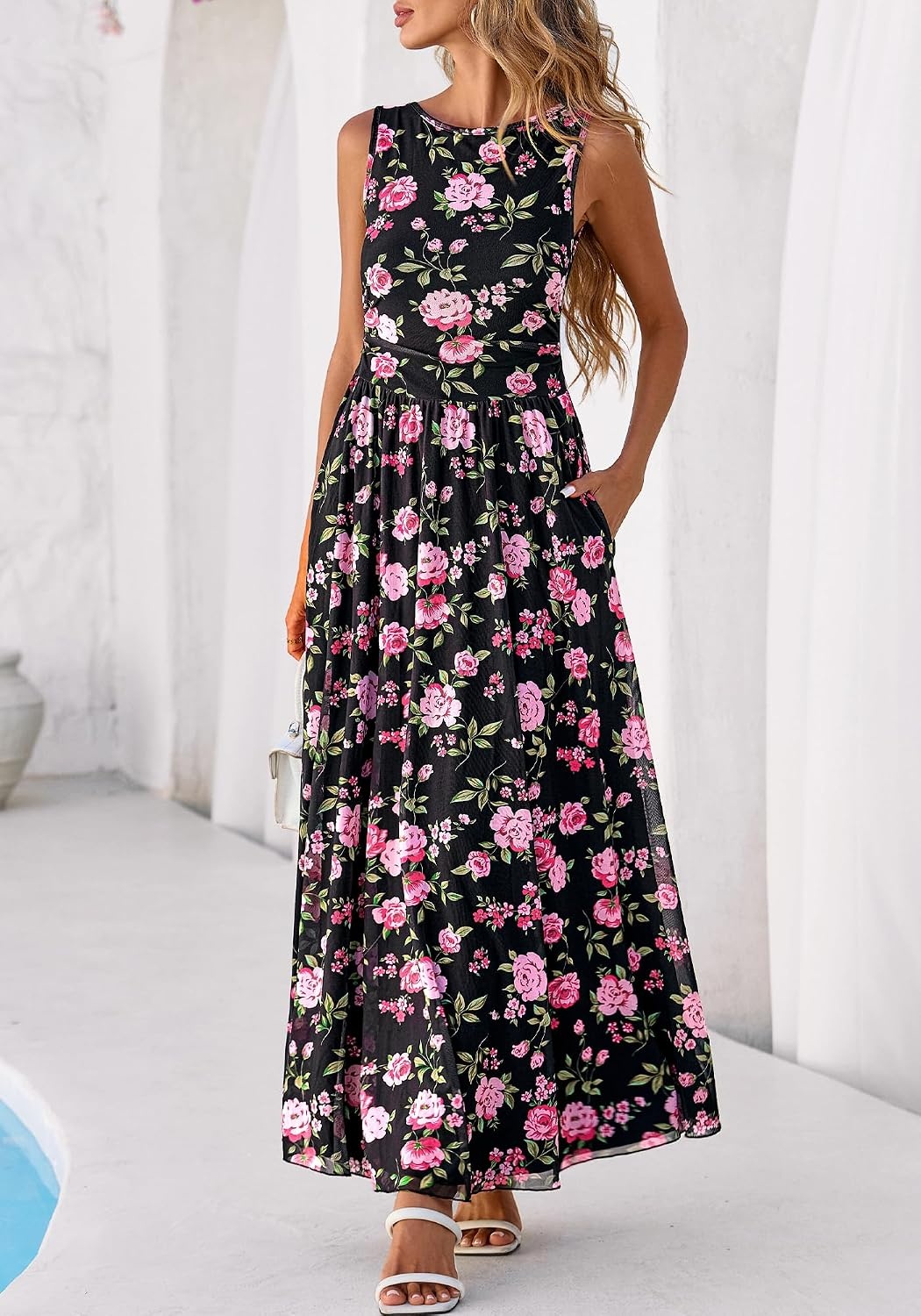 image:imageBTFBM Summer Dresses for Women 2026 Floral Maxi Dress Sleeveless Mesh Flowy Spring Wedding Guest Dress Long SundressesBlack Pink Flower