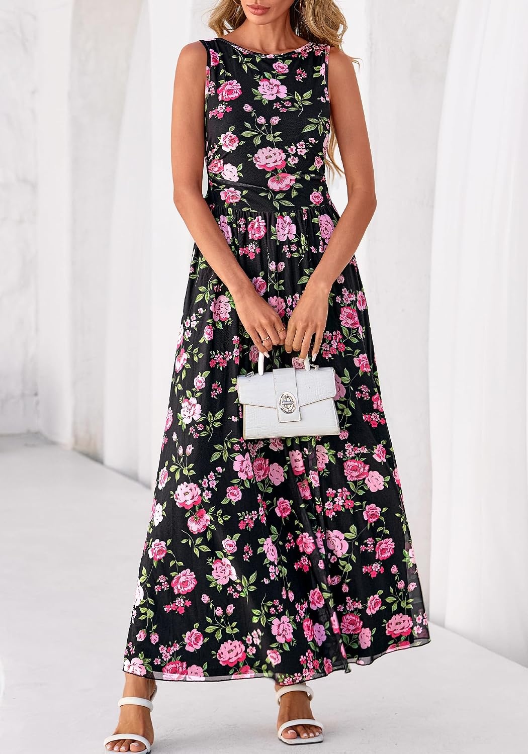 image:imageBTFBM Summer Dresses for Women 2026 Floral Maxi Dress Sleeveless Mesh Flowy Spring Wedding Guest Dress Long SundressesBlack Pink Flower