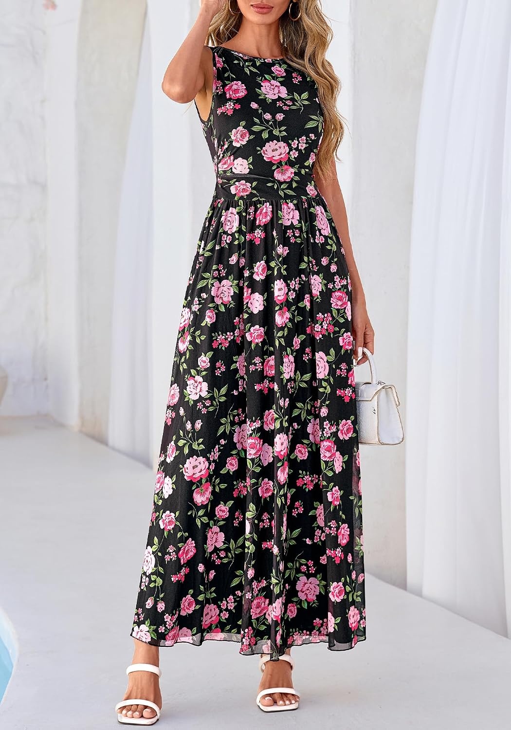 image:imageBTFBM Summer Dresses for Women 2026 Floral Maxi Dress Sleeveless Mesh Flowy Spring Wedding Guest Dress Long SundressesBlack Pink Flower