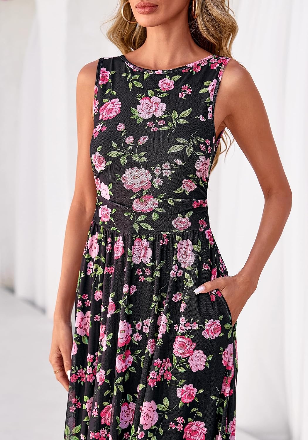 image:imageBTFBM Summer Dresses for Women 2026 Floral Maxi Dress Sleeveless Mesh Flowy Spring Wedding Guest Dress Long SundressesBlack Pink Flower