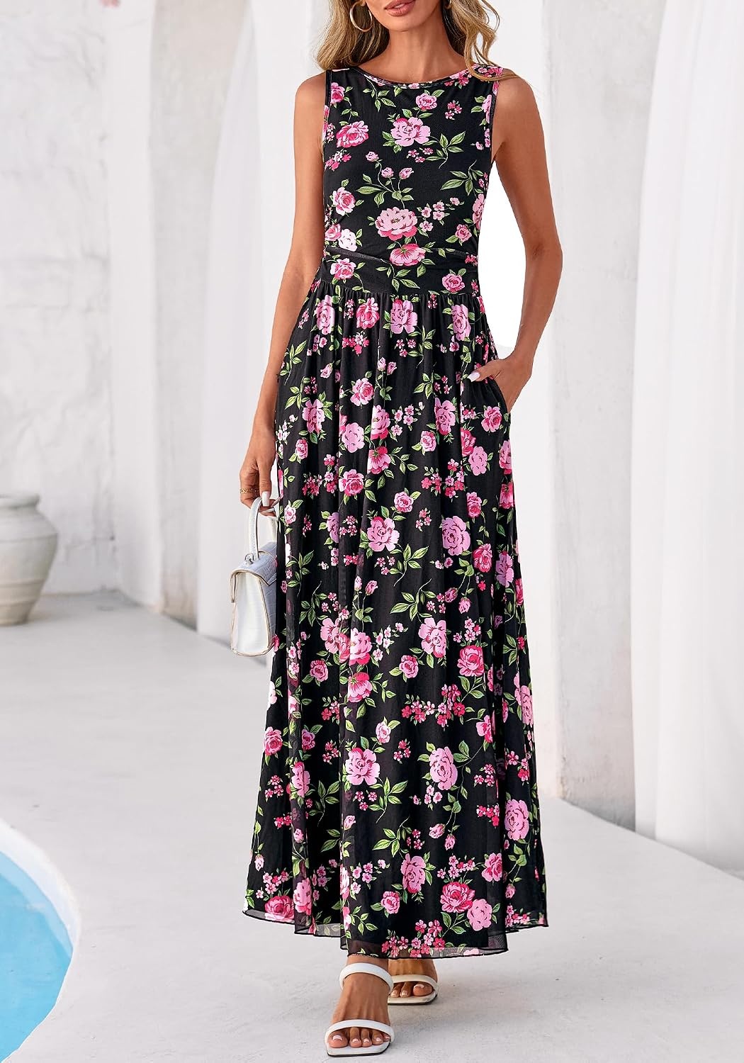image:imageBTFBM Summer Dresses for Women 2026 Floral Maxi Dress Sleeveless Mesh Flowy Spring Wedding Guest Dress Long SundressesBlack Pink Flower