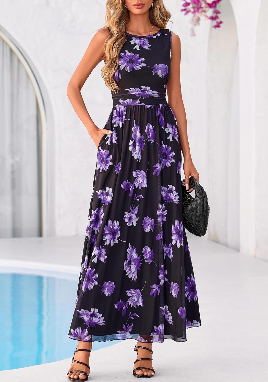 image:imageBTFBM Summer Dresses for Women 2026 Floral Maxi Dress Sleeveless Mesh Flowy Spring Wedding Guest Dress Long SundressesBlack Purple Flower